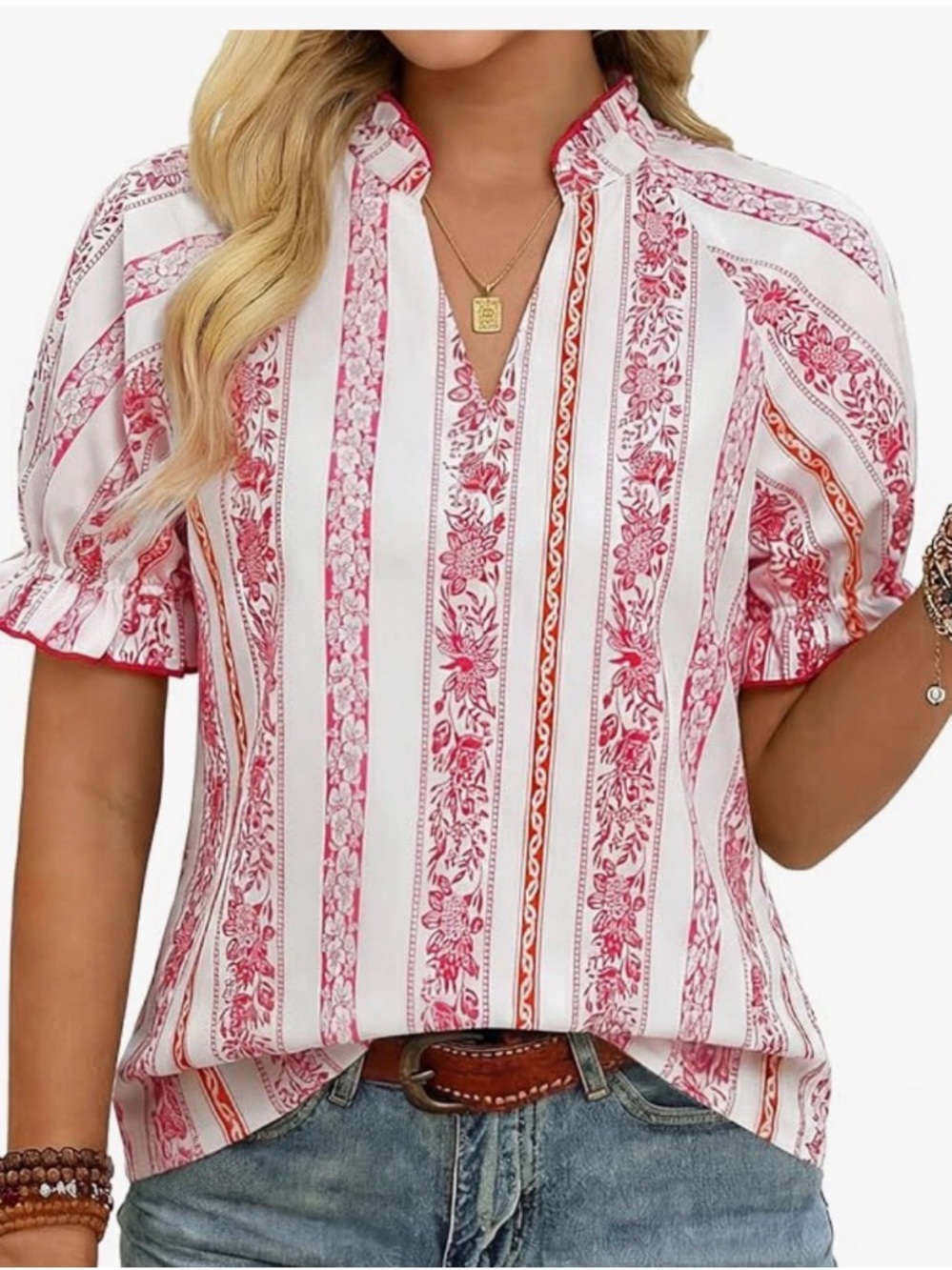 Women's Pink Floral Stripe Split-Neck Top by Grace Karin.  Size Large